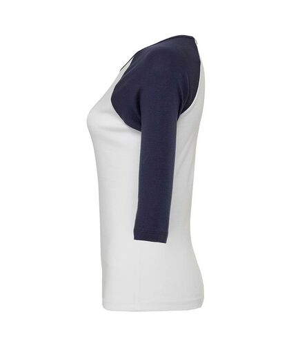 Bella Ladies Baby Rib 3/4 Sleeve Contrast T-Shirt, White/Navy, L, Bella+Canvas