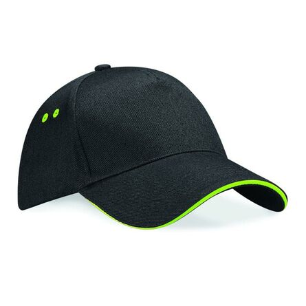 Ultimate 5 Panel Cap with Sandwich Peak, Black/Lime Green, ONE, Beechfield