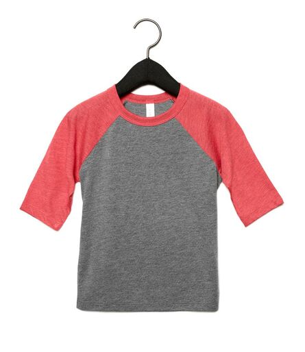 Canvas Youths 3/4 Sleeve Baseball T-Shirt, Grey/Red Tri-Blend, L, Bella+Canvas