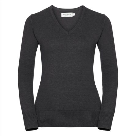 RUS Ladies V-Neck Knitted Pullover, Charcoal Marl, XXS