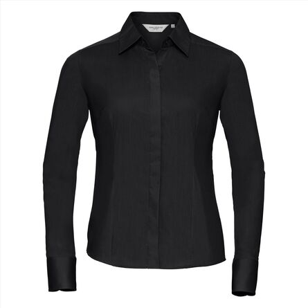 RUS Ladies LSL Fitted Polycot. Poplin Shirt, Black, XS