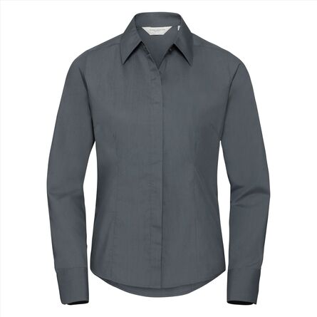 RUS Ladies LSL Fitted Polycot. Poplin Shirt, C. Grey, XS