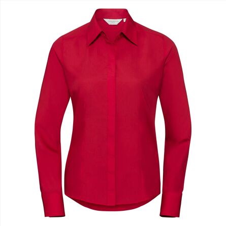 RUS Ladies LSL Fitted Polycot. Poplin Shirt, Cl. Red, XS