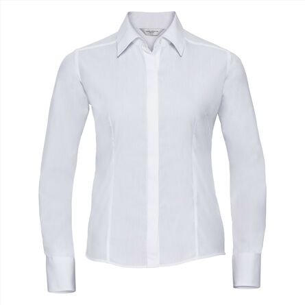 RUS Ladies LSL Fitted Polycot. Poplin Shirt, White, XS
