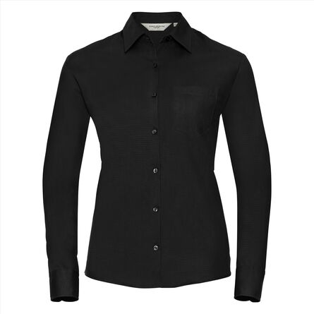 RUS Ladies LSL Classic Pure Cotton Poplin Shirt, Black, XS