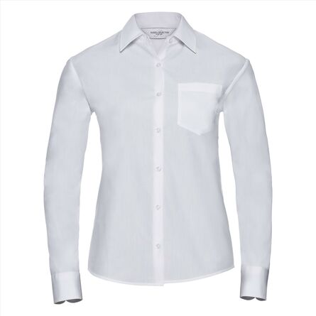 RUS Ladies LSL Classic Pure Cotton Poplin Shirt, White, XS
