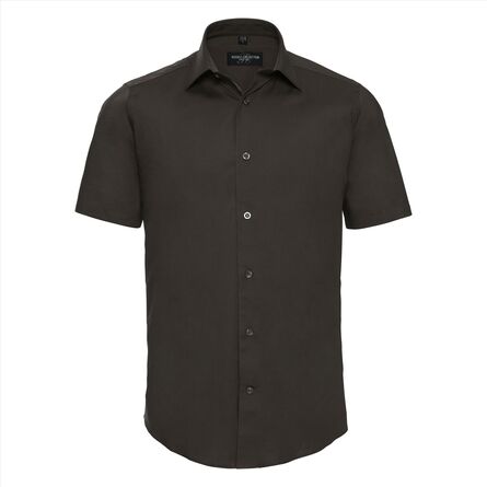 RUS Men Shortsleeve Fitted Stretch Shirt, Chocolate, S
