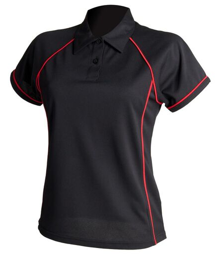Finden and Hales Ladies Performance Piped Polo Shirt, Black/Red, L, Finden + Hales