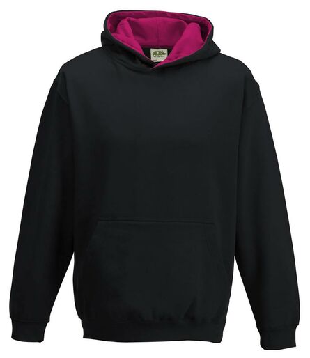 AWDis Kids Varsity Hoodie, Jet Black/Hot Pink, 12-13, Just Hoods