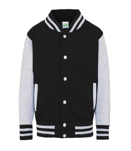 AWDis Kids Varsity Jacket, Jet Black/Heather Grey, 12-13, Just Hoods