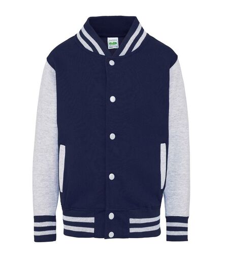 AWDis Kids Varsity Jacket, Oxford Navy/Heather Grey, 12-13, Just Hoods