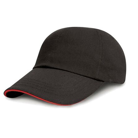 Result Kids Low Profile Heavy Brushed Cotton Cap with Sandwich Peak, Black/Red, ONE, Result Headwear